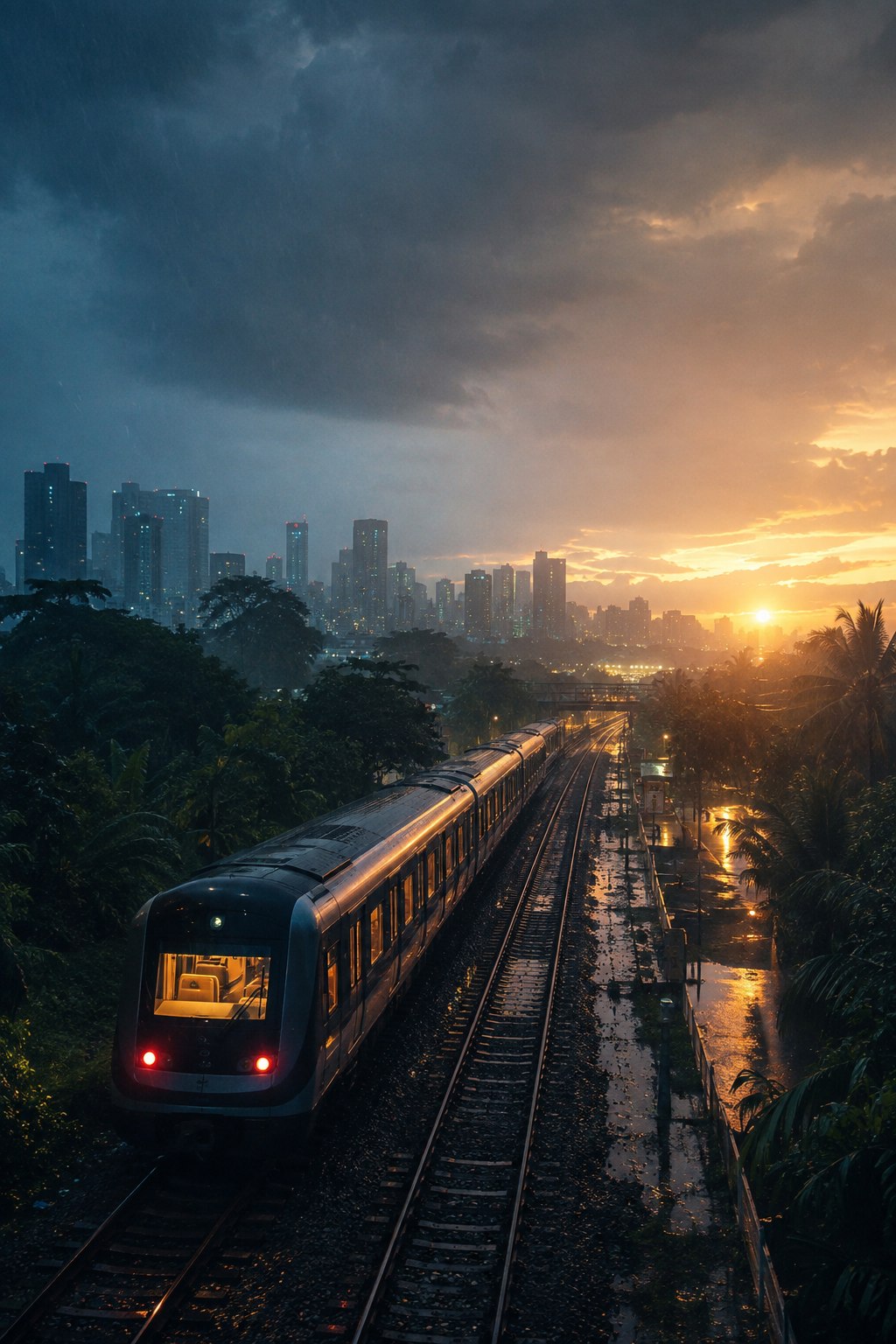 Generated editorial scene of a train crossing tropical Malaysia at rainy sunrise