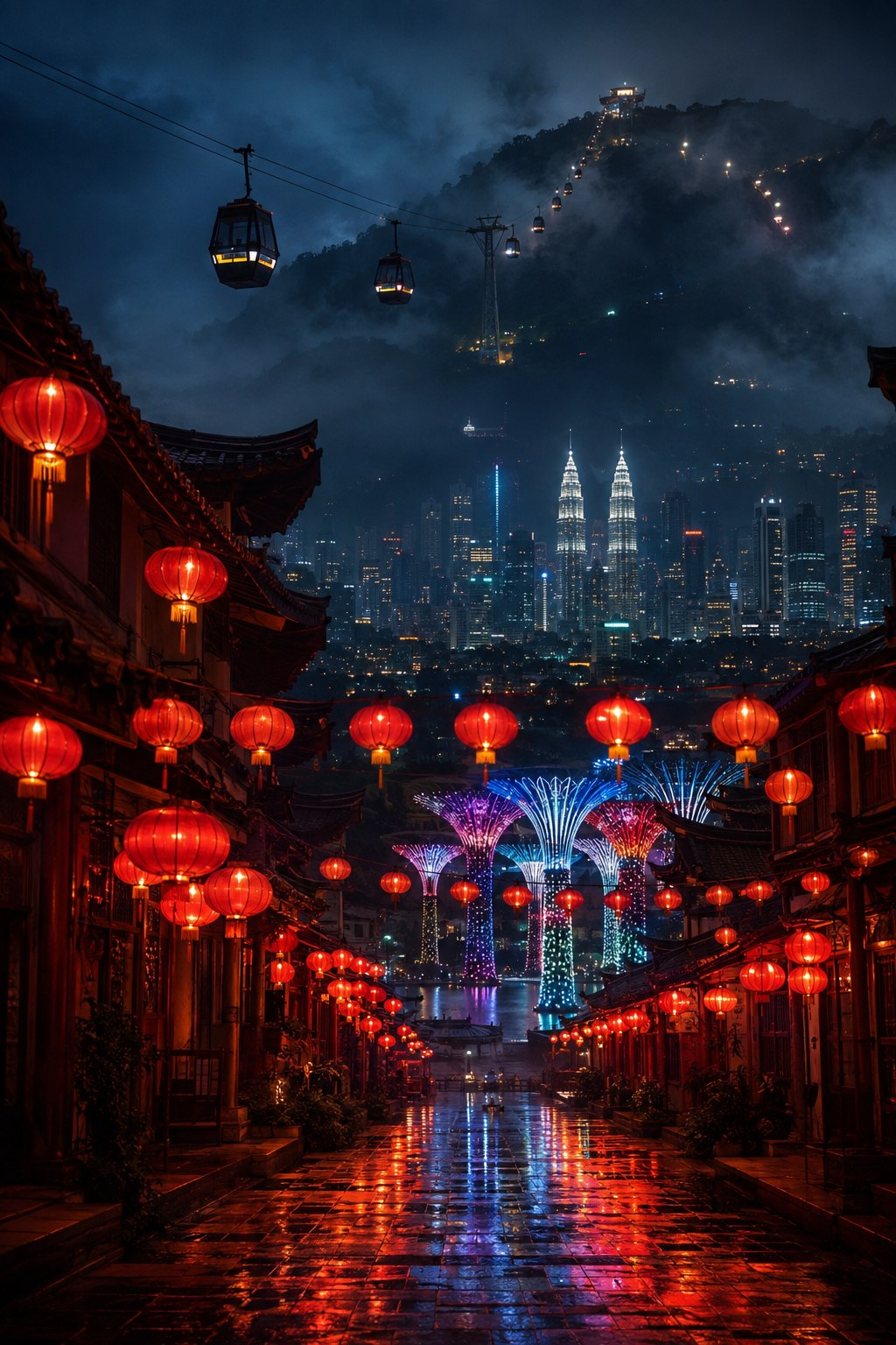 Generated editorial Malaysian night scene with Chinatown lanterns, digital light trees and Genting cable cars
