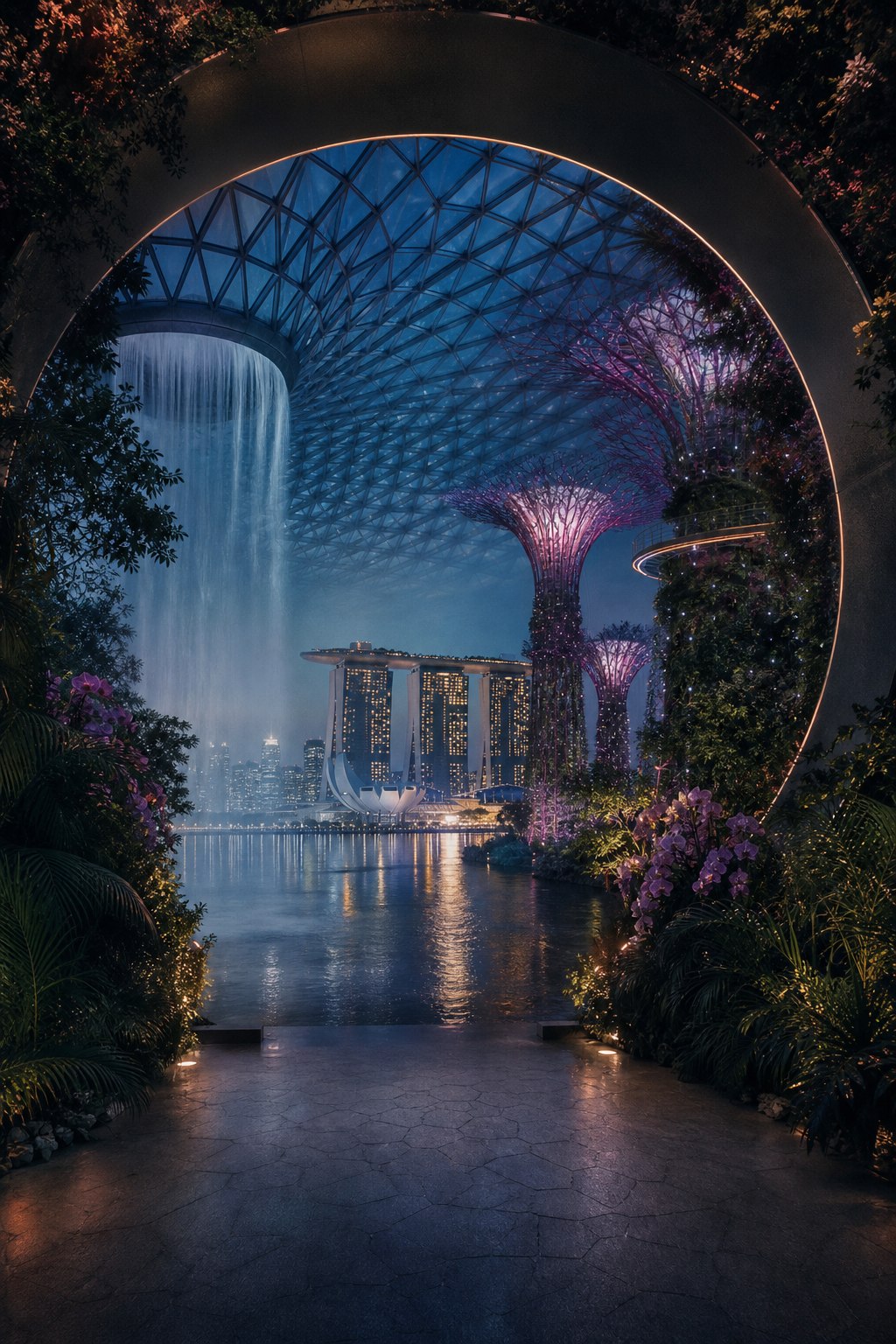 Generated editorial scene blending Jewel Changi, the Supertrees and Marina Bay at night