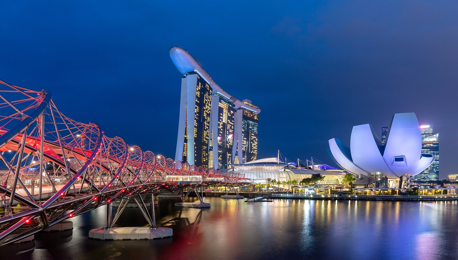 Helix Bridge, ArtScience Museum and Marina Bay Sands at night