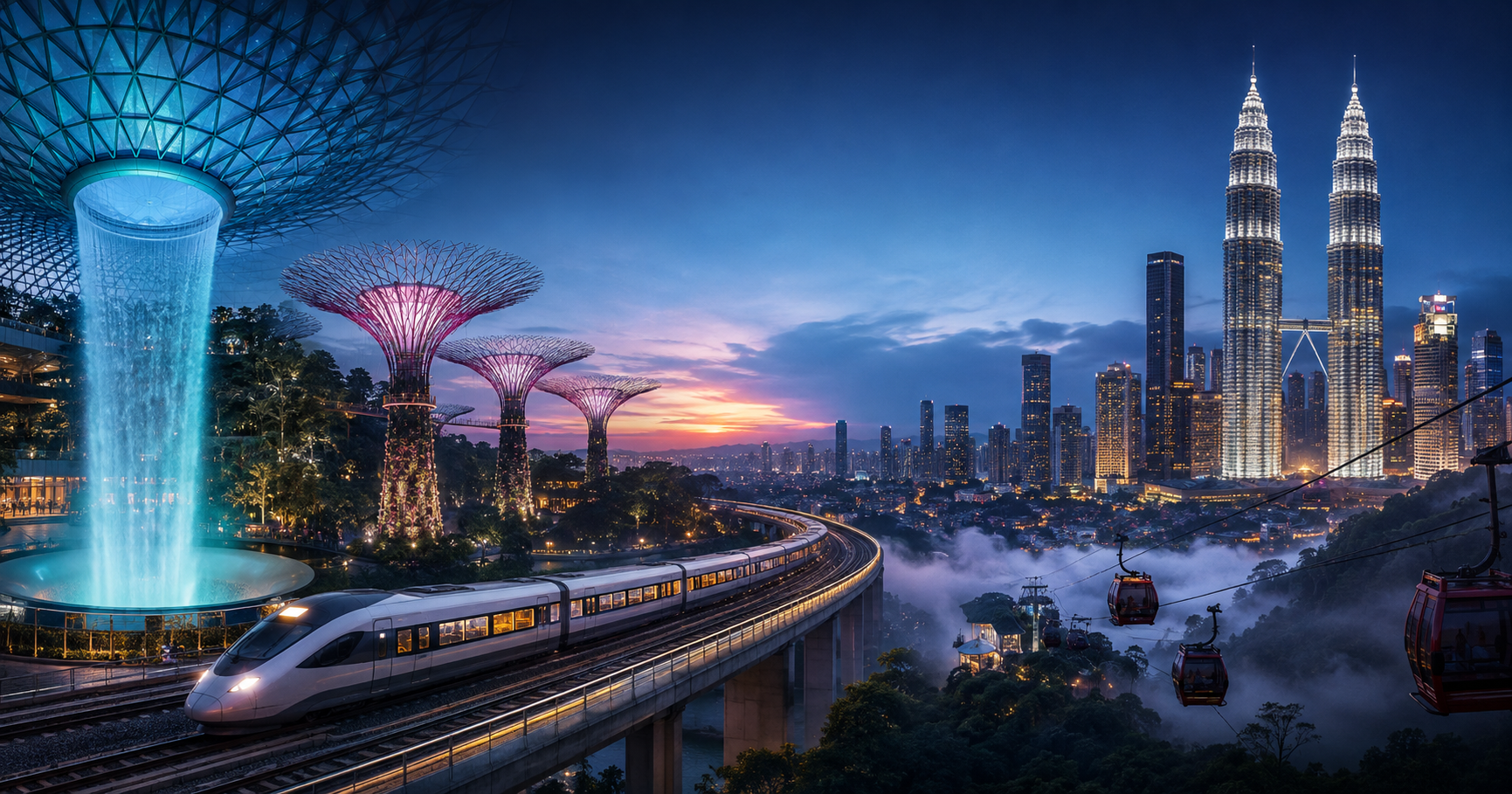 Illustrated twilight journey from Jewel Changi and Singapore's Supertrees by train to Kuala Lumpur and Genting Highlands
